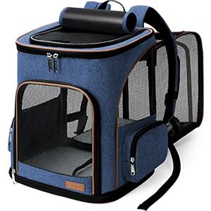 Lekesky Zaino per Cani Gatti Grande Porta Animali Estensibile, Portatile Zaino Trasportino Gatto Pieghevole con Guinzaglio Interno e 2 Tappetini, Per Cani Piccoli Gatti Medi Fino a 8-10 KG, Blu XL