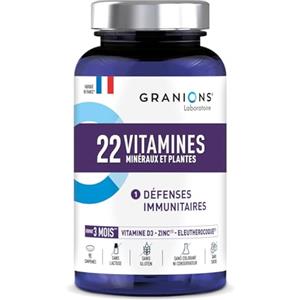 Granions 22 Vitamine | Minerali e Immunità | Vitamine A B C D3 E + Oligoelementi Zinco Magnesio + Ginseng Siberiano | 150 µg di Iodio | Assorbimento Ottimizzato | Formato ECO 3 Mesi | Laboratoire des Granions