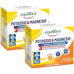 Equilibra Integratori Alimentari, Potassio e Magnesio 3 Formula Potenziata, Integratore Magnesio e Potassio per Reintegro Sali Minerali, Gusto Arancia, Senza Glutine e Senza Lattosio, 40 Bustine