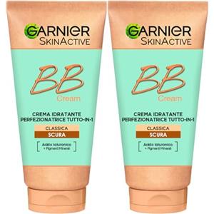 Garnier SkinActive BB Cream Crema Viso Idratante Perfezionatrice Tutto in 1 Classica Uniformante Illuminante SPF15 Tonalità Scura con Acido Ialuronico e Pigmenti Minerali - 2 Flaconi da 50ml