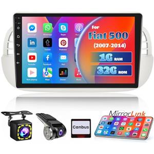 Hikity 9 Pollici Autoradio Android per Fiat 500 2007 2008 2009 2010 2011 2012 2013 2014 2015 con USB Dashcame e Retrocamera, Touchscreen Stereo Auto con GPS WiFi SWC FM RDS USB WiFi Mirror Link