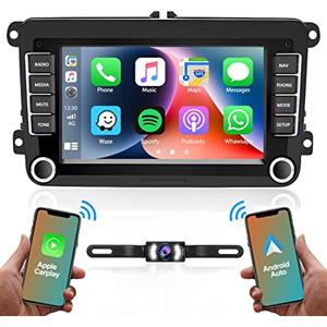 Hikity Autoradio 2 Din Android per VW Golf 5 Golf 6 Skoda Compatibile con CarPlay Wireless & Android Auto, 7 Pollici HD Touch Screen Stereo Auto con BT Retrocamera USB SWC RCA Input RDS FM +Canbus