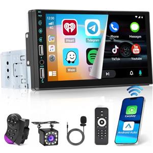 Ohradio Autoradio 1 Din CarPlay Wireless e Android Auto, 7 Pollici Touchscreen Stereo Auto Bluetooth con Radio FM USB BT SWC MIC Telecomando Retrocamera