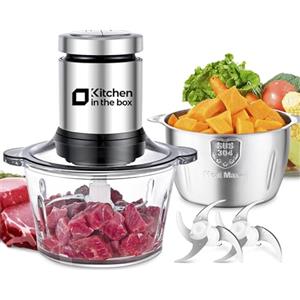 Kitchen in the box Tritatutto 2L con 2 Ciotole,Frullatore con 2 Set di 4 Lame in Acciaio inox,Tritatutto Elettrico a 2 Velocità per Verdure,Carne,Frutta Secca,400W