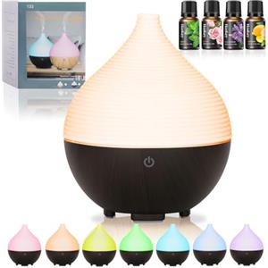 BUOAZR Diffusore di Oli Essenziali, 160ml Diffusore di aromi, Spegnimento Automatico Senza Acqua e 7 Colori LED con 4x10ml Oli Essenziali Diffusori, Ultrasuoni Umidificatore per Casa, Ufficio, Spa