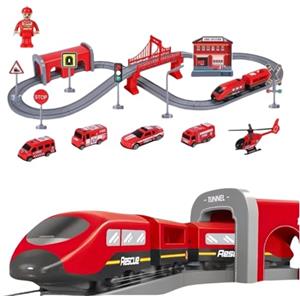 Generic BASAMOU Trenino Elettrico per Bambini 3 4 5 6 7 8 Anni Treno Giocattolo Pista Macchinine, Bambini Giochi Pista da Corsa, Giocattolo educativo Bambino Regalo Compleanno, Natale (Camion dei Pompieri)