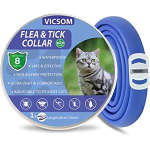 VICSOM Collare Antiparassitario per Gatti, Collare Antipulci Gatto, Collari Antiparassitari per Gatti, 8 Mesi di Protezione Naturale Collare Gatto Antiparassitario Regolabile Impermeabile 18.8 Inches Blu