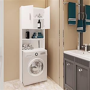 Arreditaly Mobile Sopra Lavatrice Asciugatrice Armadio Mobiletto Bagno Salvaspazio Scaffale In Legno Armadietto Da Incasso A Colonna Con Ante Per Lavanderia Coprilavatrice Bangor 190 x 26 x 64 Cm Bianco