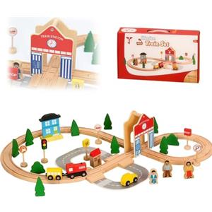 BASAMOU Treno Giocattolo per Bambini 3 4 5 6 7 8 Anni, 50Pcs Pista Trenino Legno Bambini, Pista Macchinine Giochi Legno, Compatibile Marchi Tradizionali, Regali Ragazzi Ragazze per Compleanno Natale