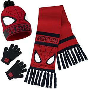 Marvel Spiderman Accessori Invernali Bambino - Sciarpa, Guanti e Cappello Set (Rosso Spiderman)