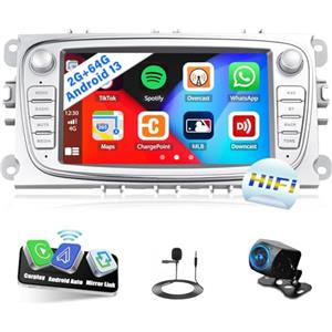 CAMECHO Android 13 2G+64G Autoradio per Ford Focus C-Max S-Max Kuga Galaxy con Wireless Carplay Android Auto, autoradio touch screen da 7 pollici con Bluetooth Mirror Link SWC + retrocamera Canbus