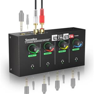 socodox Amplificatore per Cuffie a 4 canali Jack da 3,5 mm/6,35 mm/RCA, Mixer per Cuffie Compatto in Metallo con 8 Porte di Uscita per Cuffie, Interruttore Stereo, Funzione Mute, Luce RGB