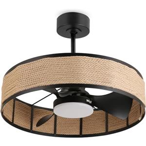 reiga Ventilatori da soffitto a gabbia con luci 60,5 cm - Ventilatore da soffitto in rattan a basso profilo con luci e telecomando, pale reversibili per camera da letto, soggiorno, cucina, patio