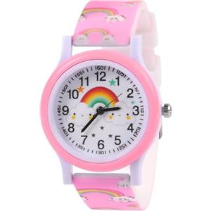 OFFCUP Orologio da Polso per Ragazzi e Ragazze, Orologio per Bambini Movimento al Quarzo, Orologio Educativo 3D Cartone Animato Cinturino in Silicone per bambini da 3 a 12 Anni -Arcobaleno Rosa