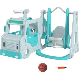 AIYAPLAY Gioco per Bambini 6 in 1 Set con Scivolo, Altalena, Canestro e Macchinina per Bambini con Volante, Regalo per Bambini da 18-48 Mesi, Azzurro