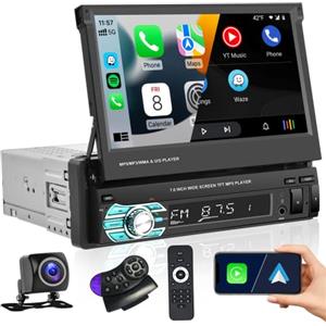 Hikity Autoradio 1 Din con Carplay/Android Auto/Mirror Link(per Android/iOS) Stereo Auto Bluetooth con 7 Pollici Schermo Retrocamera, Manuale Flip Out Touch Screen Radio Auto con FM USB TF AUX SWC