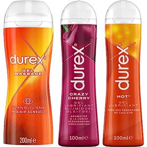 DUREX Set di 3 gel lubrificanti intimi - Gel massaggiante Ylang Ylang 200 ml - Crazy Cherry Gel lubrificante commestibile 100 ml - Hot Gel lubrificante riscaldante stimolante 100 ml