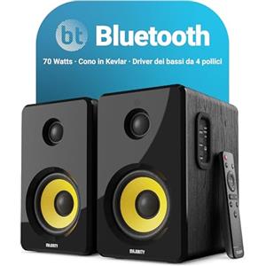 Majority 70W PC Bluetooth | Casse Monitor Studio | Amplificate Attive, Cono Dell'altoparlante Giallo in Kevlar e Cabinet in Legno | Ottico, RCA, USB e AUX D40X Audio Bluetooth