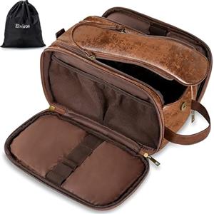 Elviros Borsa da Toilette grande da Viaggio per Uomo Beauty case Borsa in pelle resistente all'acqua Organizer per Articoli da Toeletta con Borsa Asciutta Bagnata Gratuita, 28 x 15 x 16 cm