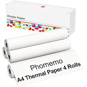 Phomemo M832 A4 Carta termica per stampante, 210 mm x 6,5 m(8,27 x 256), compatibile con Phomemo M832/M833/M834 stampante portatile A4, per viaggi, casa, foto, fattura, 4 Rotoli