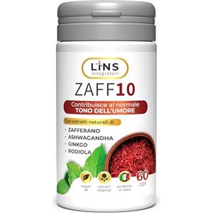 LINS Integratori LINS Zaff10 Integratore ansiolitico naturale, riduce il Nervoso e lo Stress, regola l'Umore, migliora il Sonno, con Zafferano, Ashwagandha, Ginkgo Biloba e Rodiola, 1 confezione da 60 cprs