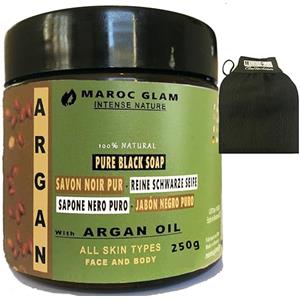 MAROC GLAM Peeling - Sapone nero marocchino con olio di ARGAN biologico da 250 g + Guante Esfoliante Cleanse Kessa, 100% naturale di olio di argan, antirughe, ricco di vitamina E, HAMMAM & SPA, Marocco GLAM.