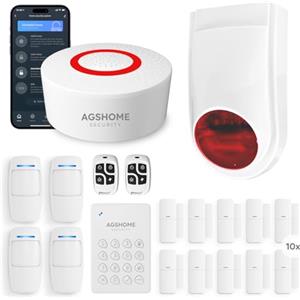 AGSHOME+ Allarme Casa Senza Fili con Sirena Esterna, Antifurto casa, Sistemi di Allarme per Porte, Notifiche Smart tramite App, Kit da 19 Pezzi, Allarme WiFi, Sensore di Movimento per Porte e Fi