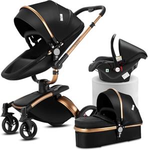 MoLi Pelle PU Passeggino Trio, Passeggino 3 in 1 con 360° Sedile Convertibile, Trio Passeggino Neonati con Grande Navicella, Carrozzina per Neonati in Alluminio Pieghevole Alta Paesaggio (906 Noir)