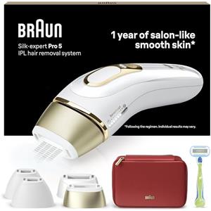 Braun Silk·expert Pro 5 Epilatore LUCE PULSATA, Epilazione A Casa, Alternativa All'Epilazione laser, Con Custodia, Rasoio Donna Venus, 4 Testine, Idea Regalo, Bianco/Oro, PL5382