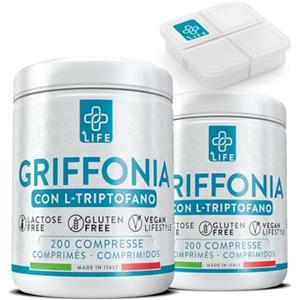 +LIFE GRIFFONIA Triptofano Alto Dosaggio Piulife® 400 Compresse Da 400mg, L-triptofano Precursore della Serotonina, Sonnifero Potente Naturale Per Dormire Meglio, Integratore Buon Umore Ansia E Stress Stop