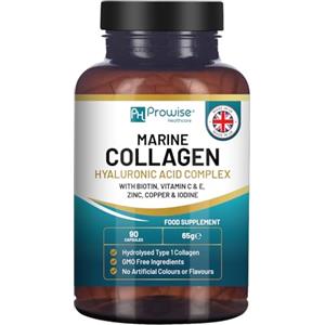 PH PROWISE Healthcare Collagene Marino con Acido Ialuronico 1100mg - 90 Capsule Potenziate con Acido Ialuronico, Vitamine C, E, B2, Biotina, Rame, Zinco e Iodio | Prodotto nel Regno Unito da Prowise Healthcare