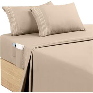 Utopia Bedding Set Lenzuola Ricamate Matrimoniali 4 Pezzi 150x200 cm - Microfibra di Poliestere - Lenzuolo con Angoli con Tasche Portaoggetti, Lenzuolo Piatto e 2 Federe Ricamate, Beige