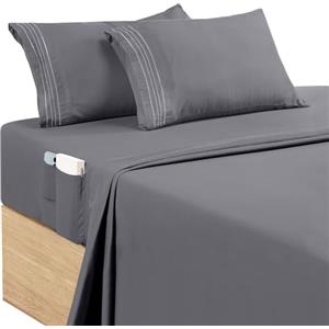 Utopia Bedding Set Lenzuola Ricamate Matrimoniali 4 Pezzi 150x200 cm - Microfibra di Poliestere - Lenzuolo con Angoli con Tasche Portaoggetti, Lenzuolo Piatto e 2 Federe Ricamate, Grigio