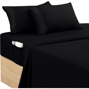 Utopia Bedding Set Lenzuola Ricamate Matrimoniali 4 Pezzi 180x200 cm - Microfibra di Poliestere - Lenzuolo con Angoli con Tasche Portaoggetti, Lenzuolo Piatto e 2 Federe Ricamate, Nero