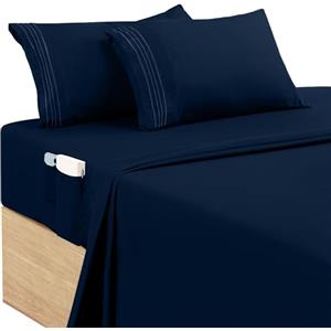 Utopia Bedding Set Lenzuola Ricamate Matrimoniali 4 Pezzi 150x200 cm - Microfibra di Poliestere - Lenzuolo con Angoli con Tasche Portaoggetti, Lenzuolo Piatto e 2 Federe Ricamate, Blu Nacy