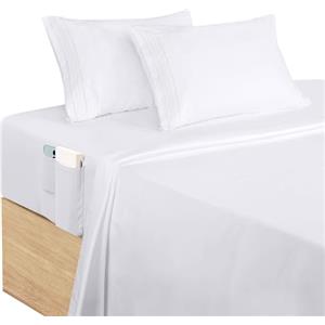 Utopia Bedding Set Lenzuola Ricamate Matrimoniali 4 Pezzi 150x200 cm - Microfibra di Poliestere - Lenzuolo con Angoli con Tasche Portaoggetti, Lenzuolo Piatto e 2 Federe Ricamate, Bianco