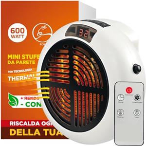 Eurocali Mini Stufetta Elettrica 600W da Parete Calore Rapido Insta Caldo con Tecnologia a Basso Consumo Velocità e Temperatura Regolabili Senza Cavo con Telecomando e Timer di Autospegnimento - Ø113x65mm