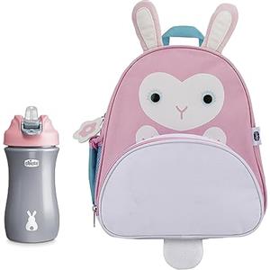 Chicco Kit Zaino Coniglio e Tazza Pop-Up, Pratico Kit Composto da Zainetto A Forma Di Coniglio Rosa e Tazza Pop-Up Rosa da 350 ml, Bicchiere Antigoccia per Bambini, 2 Anni +