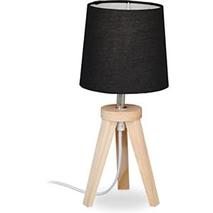 Relaxdays Lampada da Tavolo con Tripode, Legno e Stoffa, Abat-Jour Design Scandinavo, E14, 31x14 cm, Nero Marrone Chiaro