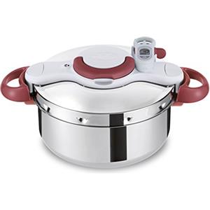 Tefal Tafal Clipso Minut - Pentola a Pressione in Acciaio Inox, con 5 sistemi di Sicurezza, Chiusura Facile con Una Mano, Colore: Rosso, Acciaio Inox, edelstahl/Weiß/Rot, 37.4 x 28.5 x 24.6 cm