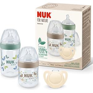 NUK for Nature Start set biberon e tettarella, 0-6 mesi, Materie prime naturali al 100%, 2 x biberon (150 ml e 260 ml), 2 x succhietti in silicone, Senza BPA, 4 pezzi