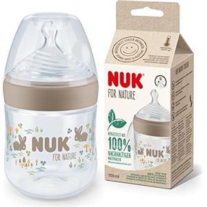 NUK for Nature Baby Bottle | Tettarella piccola | 150 ml | Tettarella in silicone sostenibile simile al seno con sfiato anti coliche | Controllo della temperatura | Senza BPA | Beige