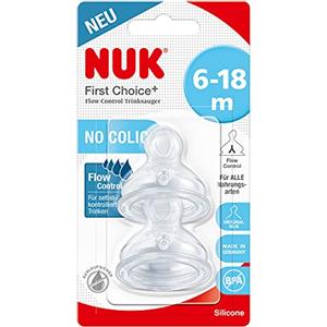 NUK - First Choice+ Flow Control, tettarelle per biberon, 6-18 mesi, valvola anti-colica, senza BPA, 2 pezzi