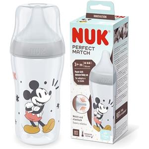 NUK Biberon Perfect Match | 3+ Mesi | Si adatta al palato del bambino | Controllo della temperatura | Sfiato anti-colica | 260 ml | Senza BPA | Tettarella media in silicone | Disney Topolino [Grigio]