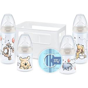 NUK First Choice+ Starter set biberon | 0-6 mesi | 4 biberon con controllo della temperatura e porta biberon | Sistema anti-colica | Senza BPA | Winnie the Pooh Disney