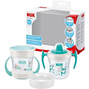 NUK 3-in-1 Mini set per imparare a bere con Trainer Cup bicchiere antigoccia (6+ mesi) | Mini Magic Cup Tazza 360° (6+ mesi) e Bordo per Bere (12+ mesi) | 160 ml | Senza BPA | Turchese