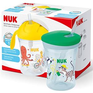 NUK Set Action Cup e Motion Cup | Tazze per bambini con cannuccia e coperchio | 8+ mesi | 230 ml | A tenuta stagna | Senza BPA e lavabili | 2 pezzi | Verde e giallo