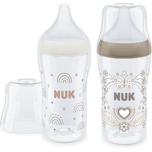 NUK Set biberon Perfect Match | 3+ mesi | Si adatta al palato del bambino | Controllo temperatura | Sfiato anti-colica | 260 ml | Senza BPA | Tettarella media in silicone | Arcobaleno e cuori | 2 pz