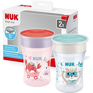 NUK Magic Cup Bicchiere Antigoccia | Bordo Anti-rovesciamento A 360° | 8+ Mesi | Senza Bpa | Rosa E Blu | 2 Pezzi, Rosso, 230 ml, Granchio + Gatto