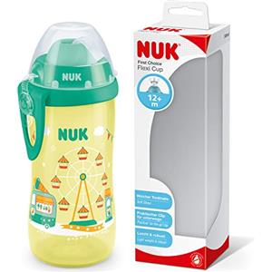 NUK First Choice+ Flexi Cup - Borraccia per imparare a bere a partire dai 12 mesi, a prova di perdite con cannuccia, clip e tappo protettivo, senza BPA, 300 ml, ruota panoramica (giallo)